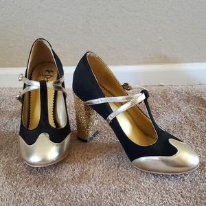 Dancing Day by Banned - Black and Gold Glitter Heels - US 7.5